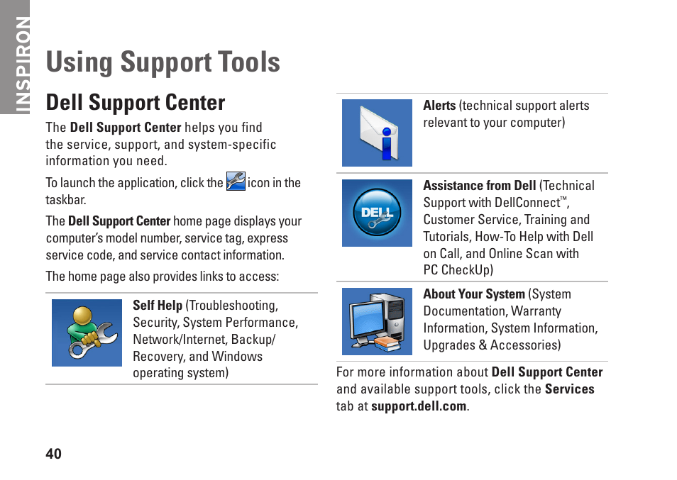 Using support tools, Dell support center, Inspiron | Dell Inspiron 13 (1370, Late 2009) User Manual | Page 42 / 78