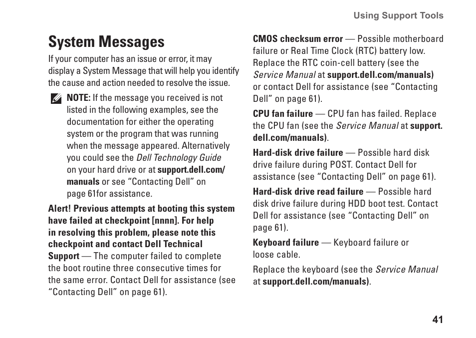 System messages | Dell Inspiron 13 (1370, Late 2009) User Manual | Page 43 / 78