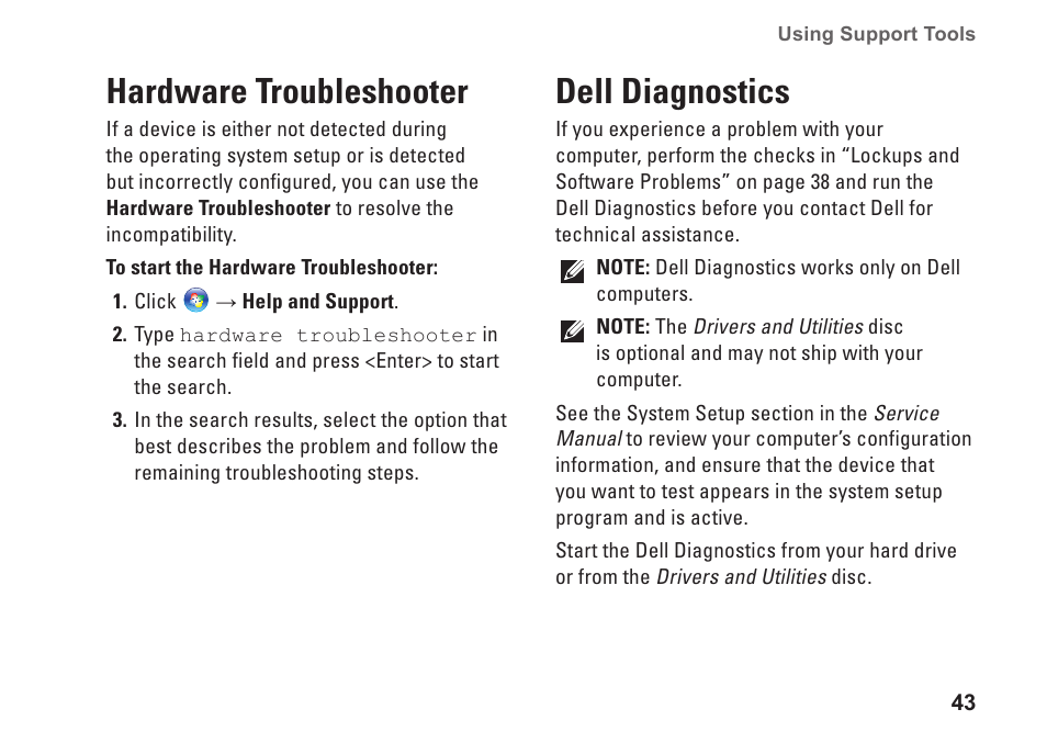 Hardware troubleshooter, Dell diagnostics, Hardware troubleshooter dell diagnostics | Dell Inspiron 13 (1370, Late 2009) User Manual | Page 45 / 78