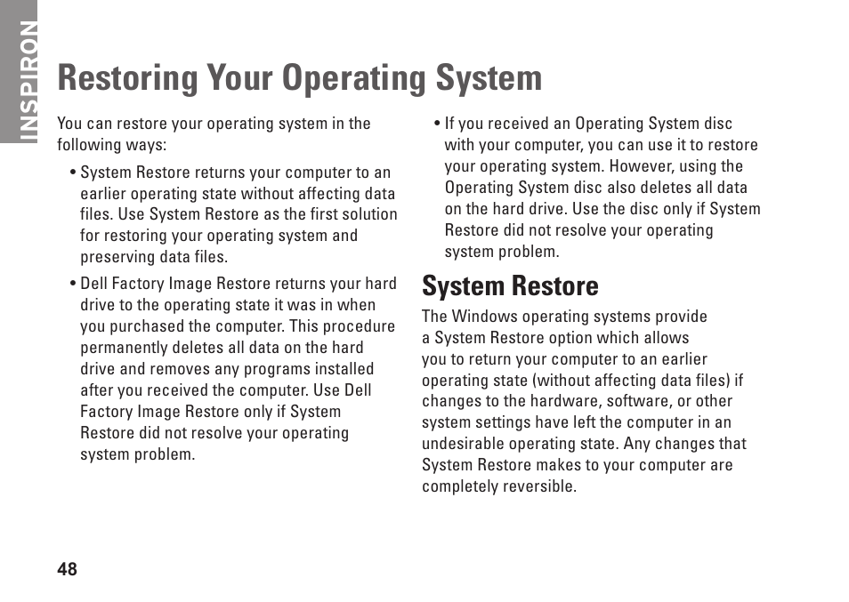 Restoring your operating system, System restore, Inspiron | Dell Inspiron 13 (1370, Late 2009) User Manual | Page 50 / 78