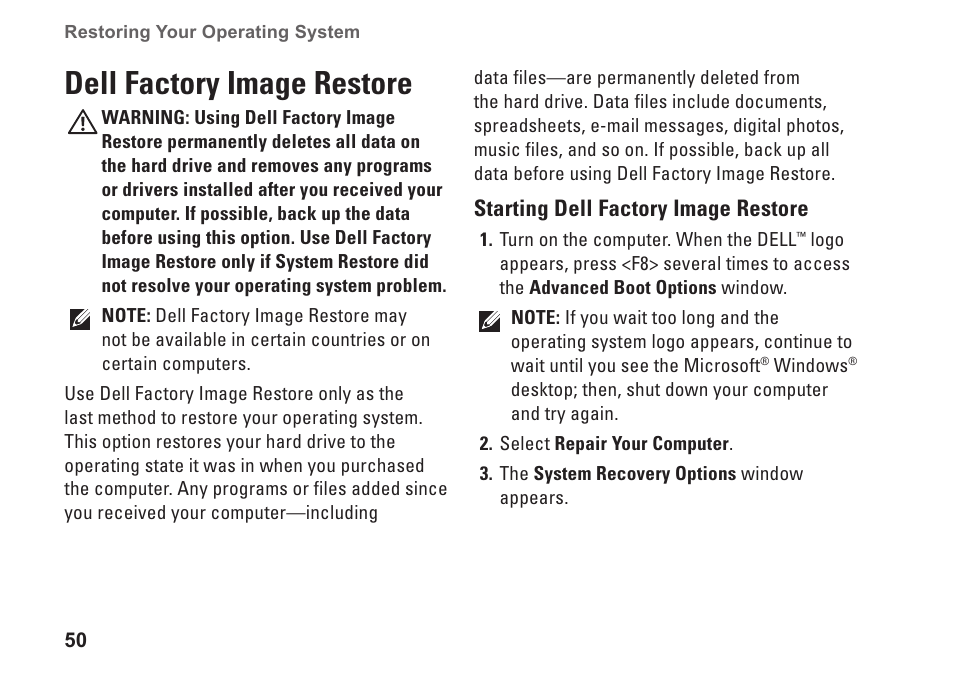 Dell factory image restore | Dell Inspiron 13 (1370, Late 2009) User Manual | Page 52 / 78