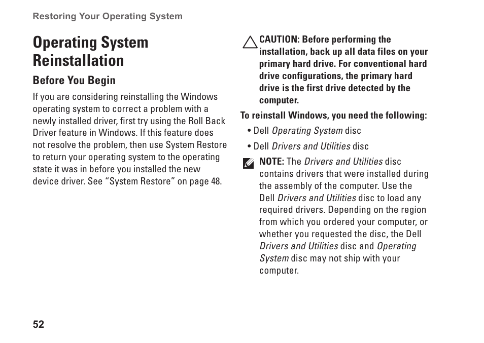 Operating system reinstallation | Dell Inspiron 13 (1370, Late 2009) User Manual | Page 54 / 78