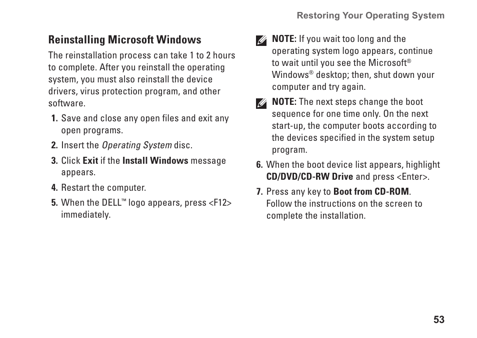 Reinstalling microsoft windows | Dell Inspiron 13 (1370, Late 2009) User Manual | Page 55 / 78