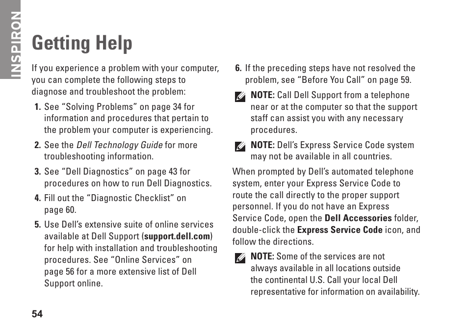 Getting help, Inspiron | Dell Inspiron 13 (1370, Late 2009) User Manual | Page 56 / 78