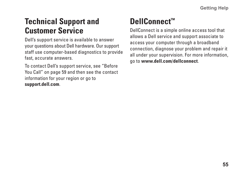 Technical support and customer service, Dellconnect, Technical support and customer | Service dellconnect | Dell Inspiron 13 (1370, Late 2009) User Manual | Page 57 / 78
