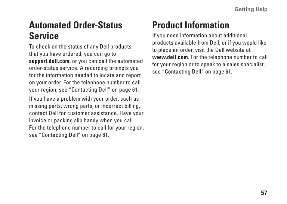 Automated order-status service, Product information | Dell Inspiron 13 (1370, Late 2009) User Manual | Page 59 / 78