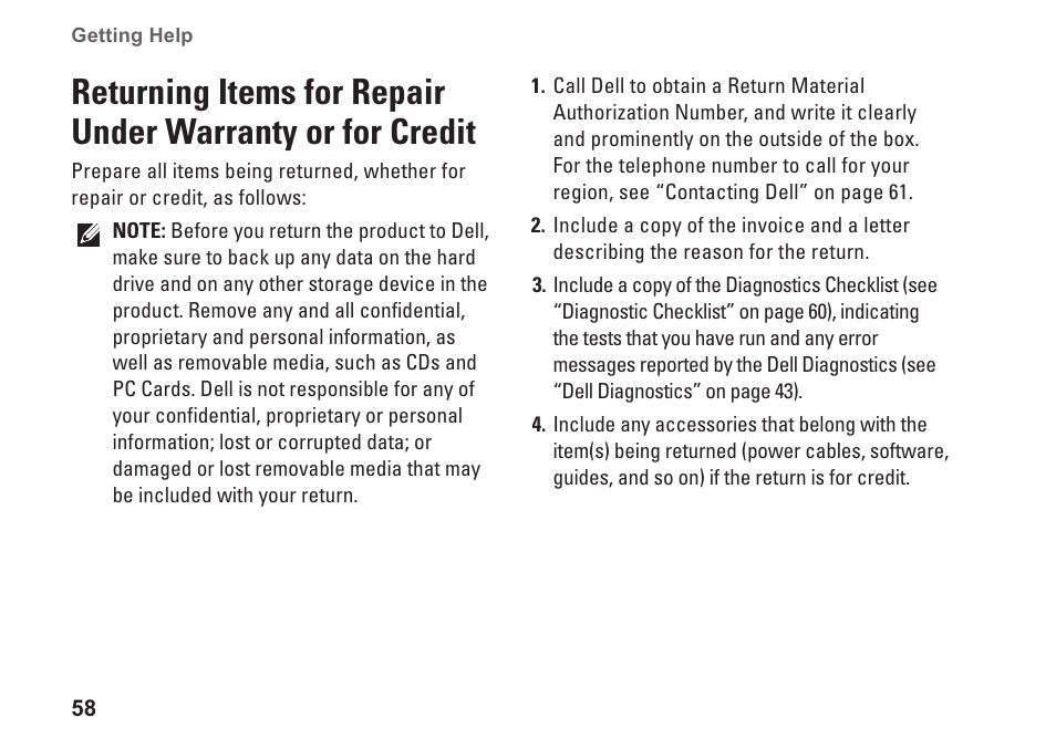 Returning items for repair under, Warranty or for credit | Dell Inspiron 13 (1370, Late 2009) User Manual | Page 60 / 78