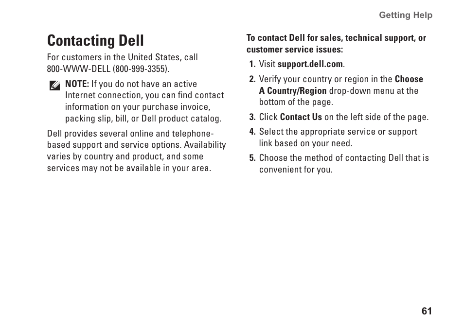 Contacting dell | Dell Inspiron 13 (1370, Late 2009) User Manual | Page 63 / 78