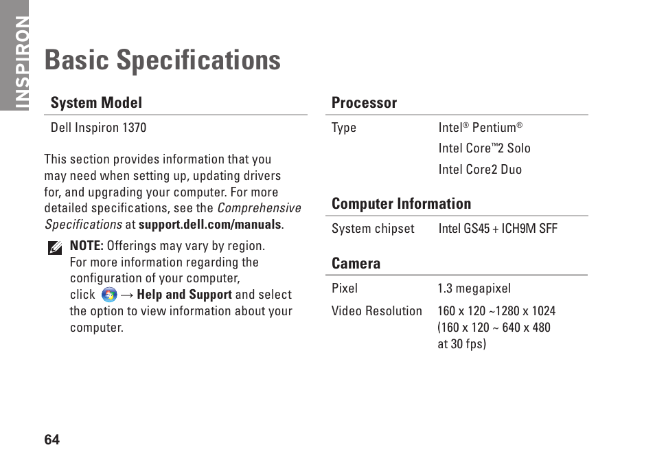 Basic specifications, Inspiron | Dell Inspiron 13 (1370, Late 2009) User Manual | Page 66 / 78