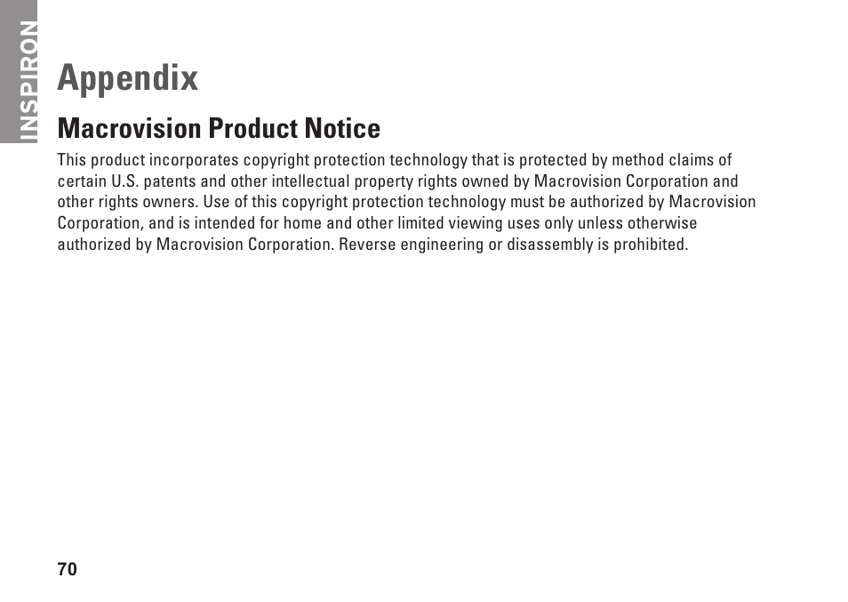 Appendix, Macrovision product notice | Dell Inspiron 13 (1370, Late 2009) User Manual | Page 72 / 78