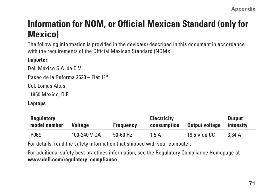 Information para nom (únicamente para méxico), Information para nom (únicamente, Para méxico) | Dell Inspiron 13 (1370, Late 2009) User Manual | Page 73 / 78