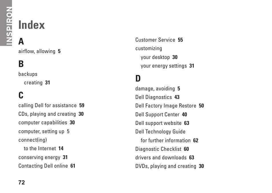 Index, Inspiron | Dell Inspiron 13 (1370, Late 2009) User Manual | Page 74 / 78