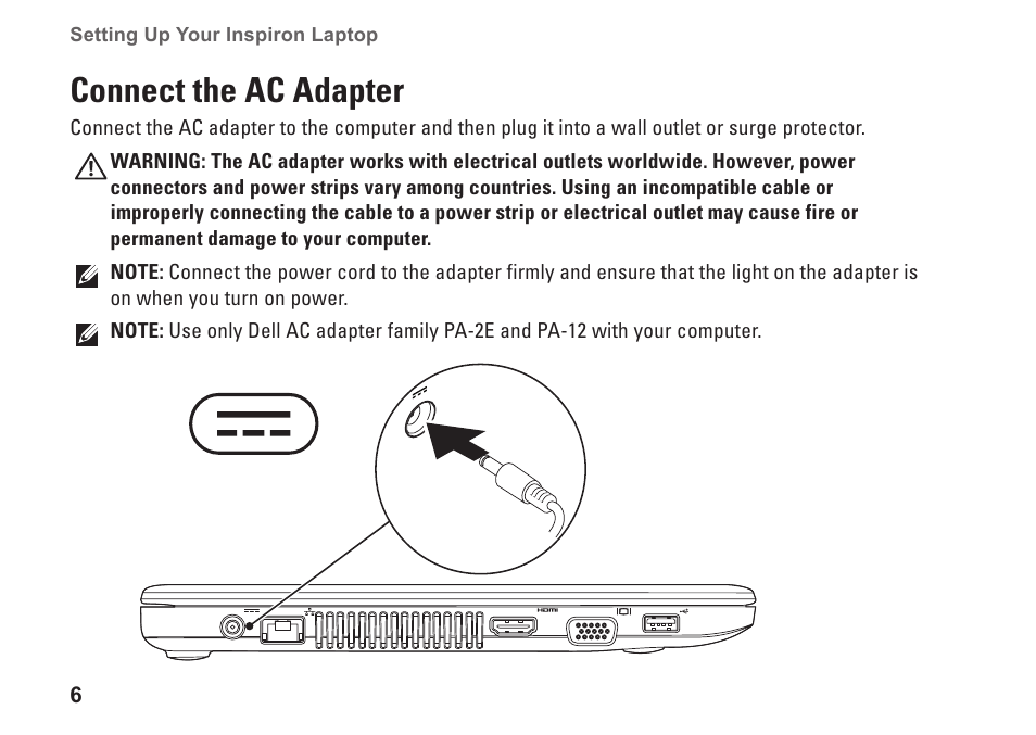 Connect the ac adapter | Dell Inspiron 13 (1370, Late 2009) User Manual | Page 8 / 78