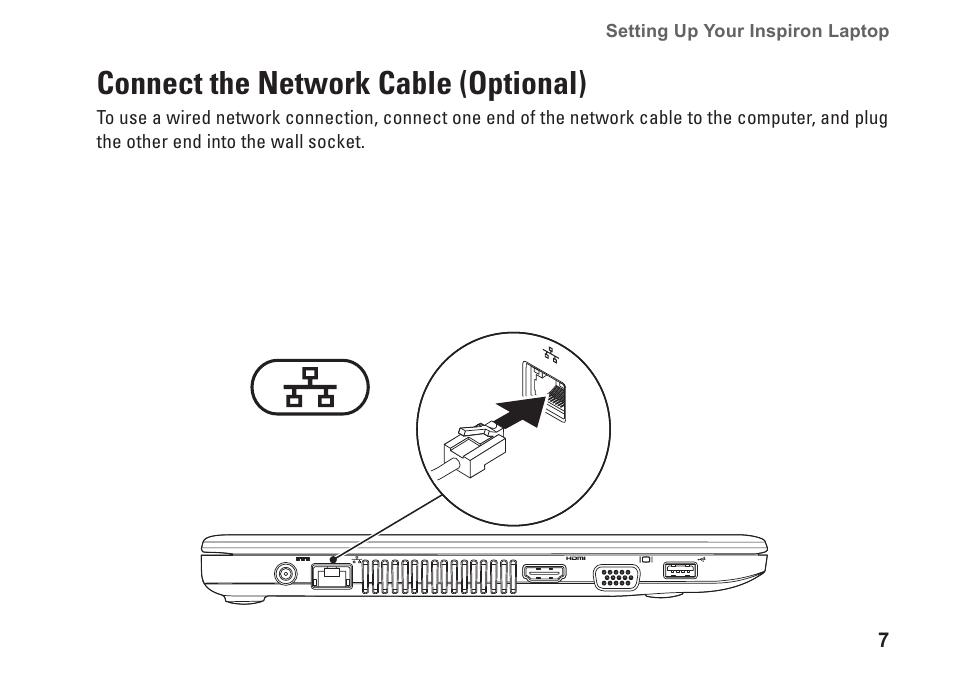 Connect the network cable (optional) | Dell Inspiron 13 (1370, Late 2009) User Manual | Page 9 / 78