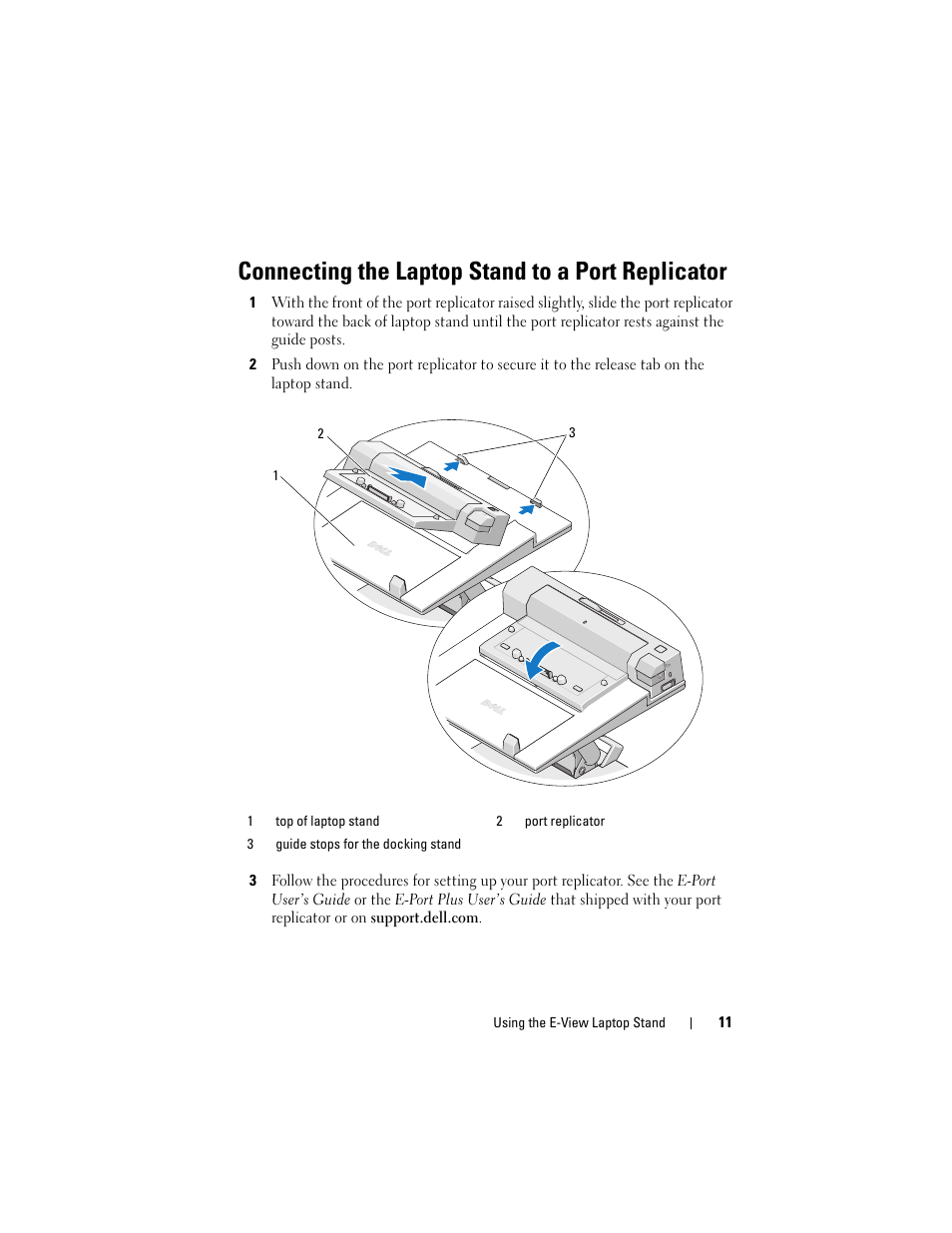 Connecting the laptop stand to a port replicator | Dell E-View Laptop Stand User Manual | Page 11 / 20