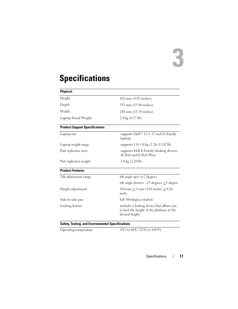 Specifications | Dell E-View Laptop Stand User Manual | Page 17 / 20