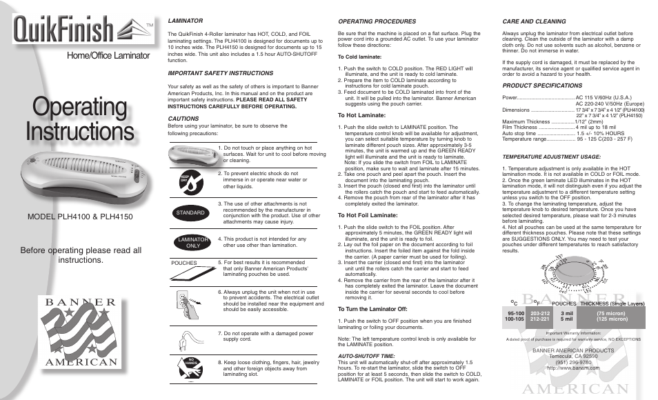 Banner American Products PLH4100 User Manual | 2 pages