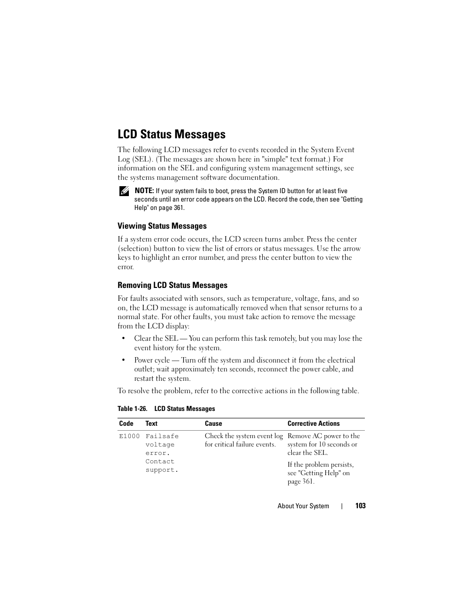 Lcd status messages, Viewing status messages, Removing lcd status messages | Dell PowerEdge M610x User Manual | Page 103 / 368