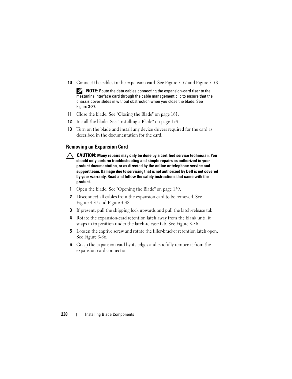 Removing an expansion card | Dell PowerEdge M610x User Manual | Page 238 / 368