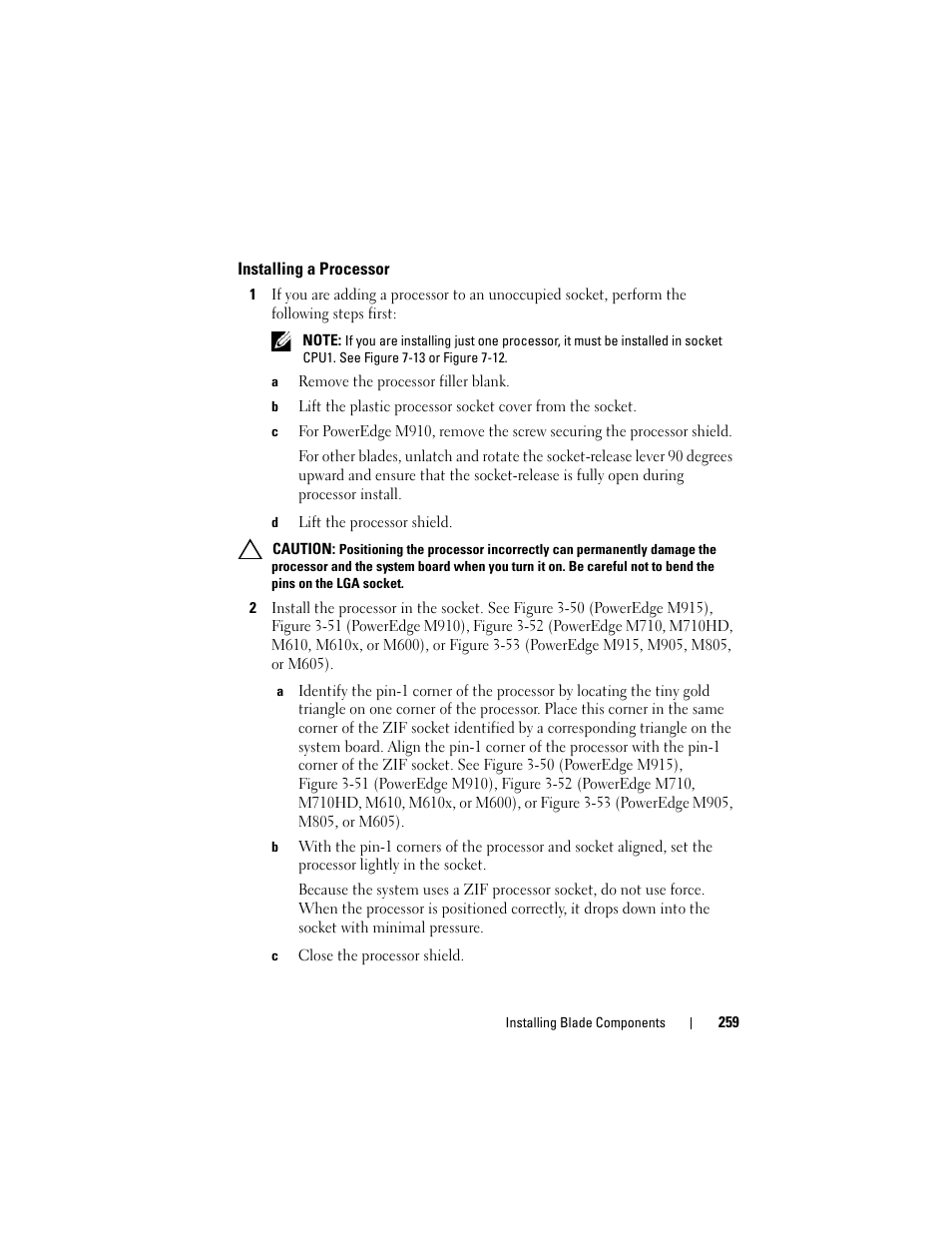 Installing a processor | Dell PowerEdge M610x User Manual | Page 259 / 368