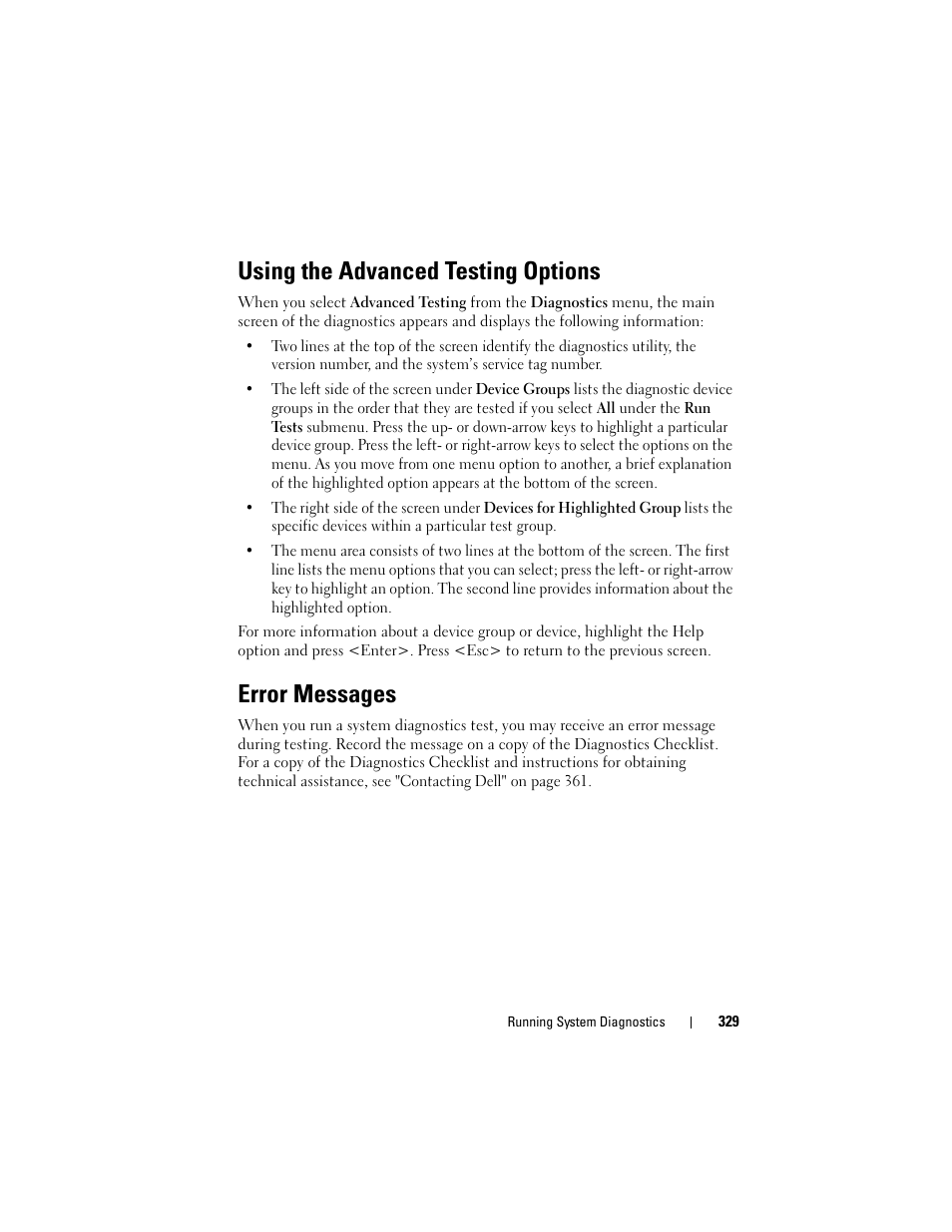Using the advanced testing options, Error messages | Dell PowerEdge M610x User Manual | Page 329 / 368