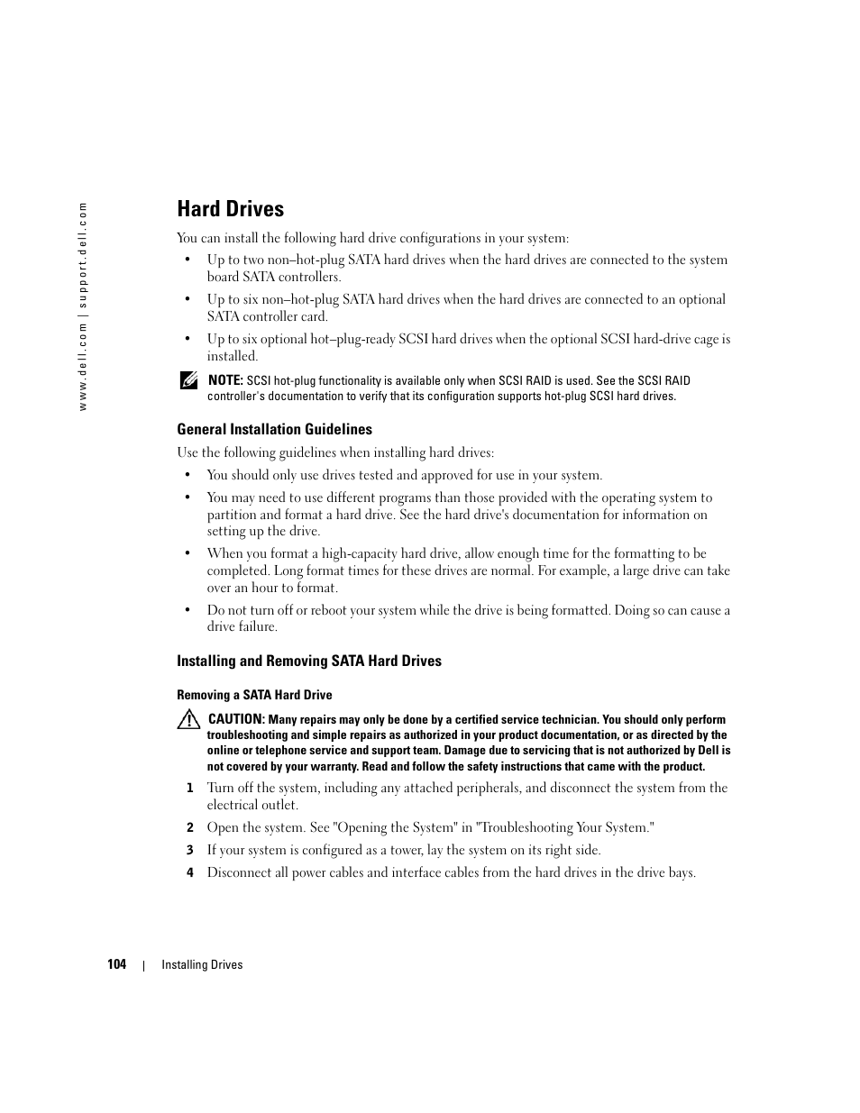 Hard drives, General installation guidelines, Installing and removing sata hard drives | Dell PowerEdge 1800 User Manual | Page 104 / 160