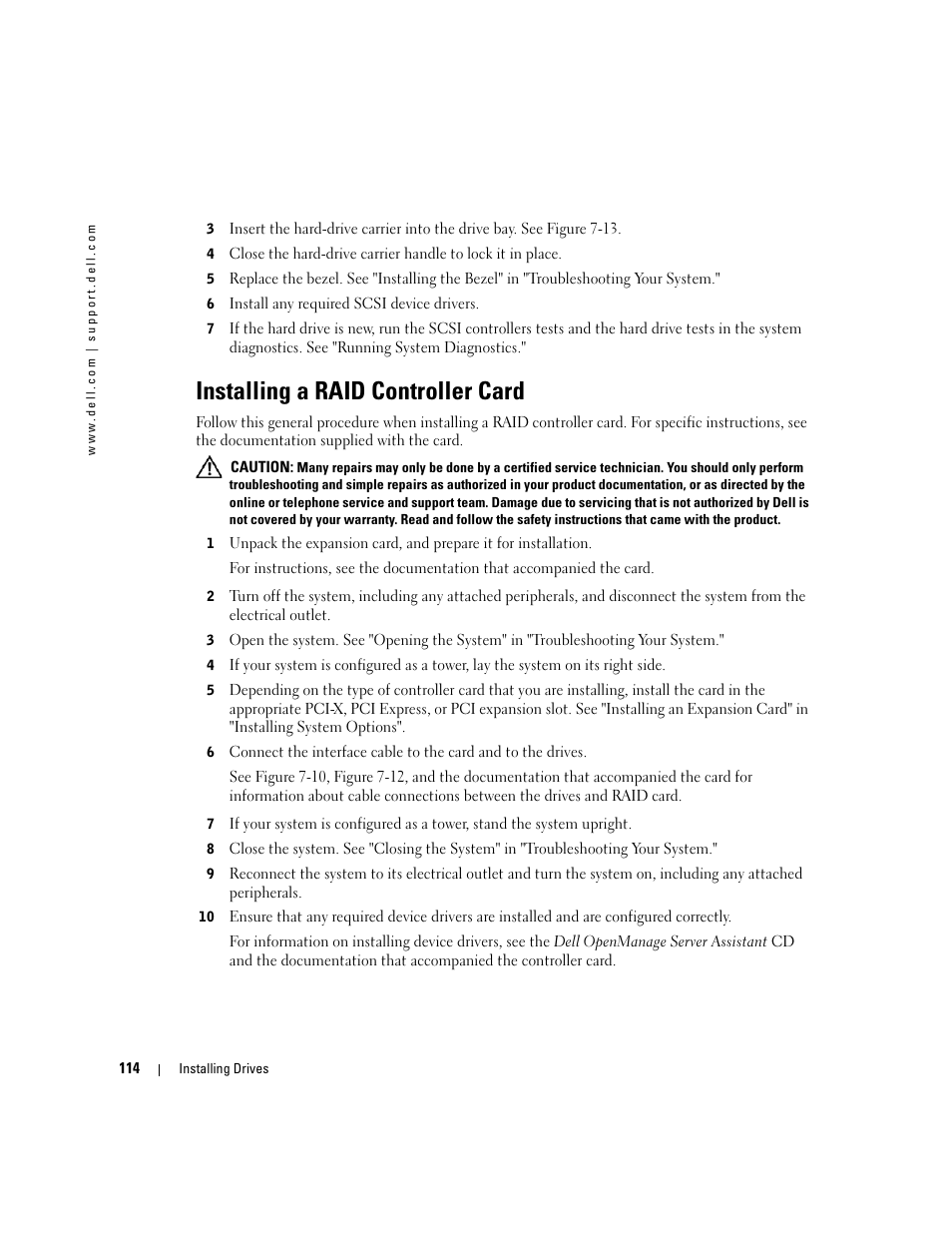 Installing a raid controller card, See "installing a raid controller card | Dell PowerEdge 1800 User Manual | Page 114 / 160
