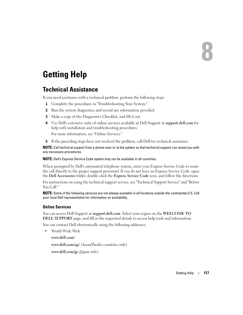 Getting help, Technical assistance, Online services | 8 getting help, Persists, see "getting help, See "getting help, E. see "getting help, Ee "getting help, If the tests fail, see "getting help, Solved, see "getting help | Dell PowerEdge 1800 User Manual | Page 117 / 160
