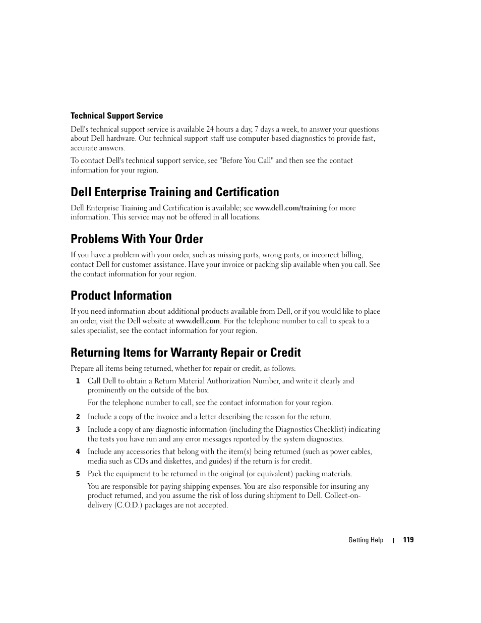 Technical support service, Dell enterprise training and certification, Problems with your order | Product information, Returning items for warranty repair or credit | Dell PowerEdge 1800 User Manual | Page 119 / 160