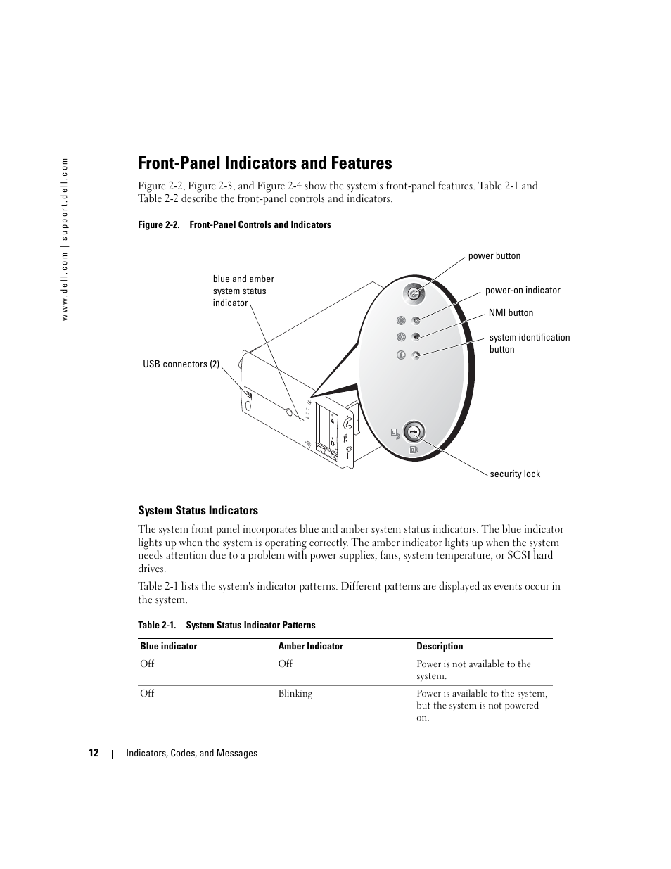 Front-panel indicators and features, System status indicators | Dell PowerEdge 1800 User Manual | Page 12 / 160