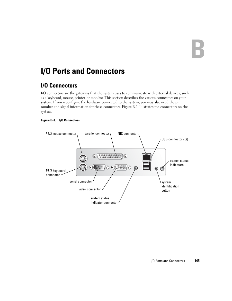 I/o connectors, B i/o ports and connectors, I/o ports and connectors | Dell PowerEdge 1800 User Manual | Page 145 / 160
