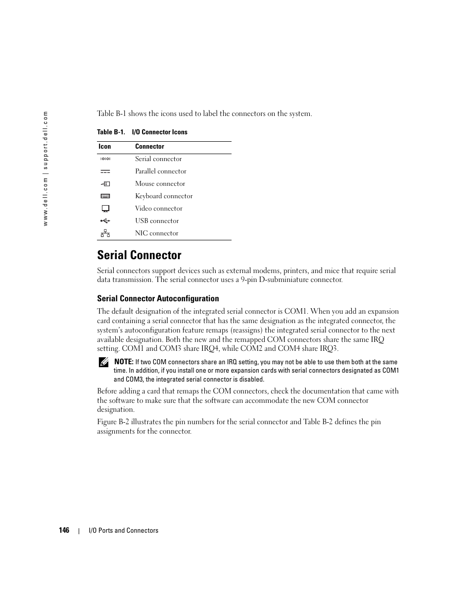 Serial connector, Serial connector autoconfiguration | Dell PowerEdge 1800 User Manual | Page 146 / 160