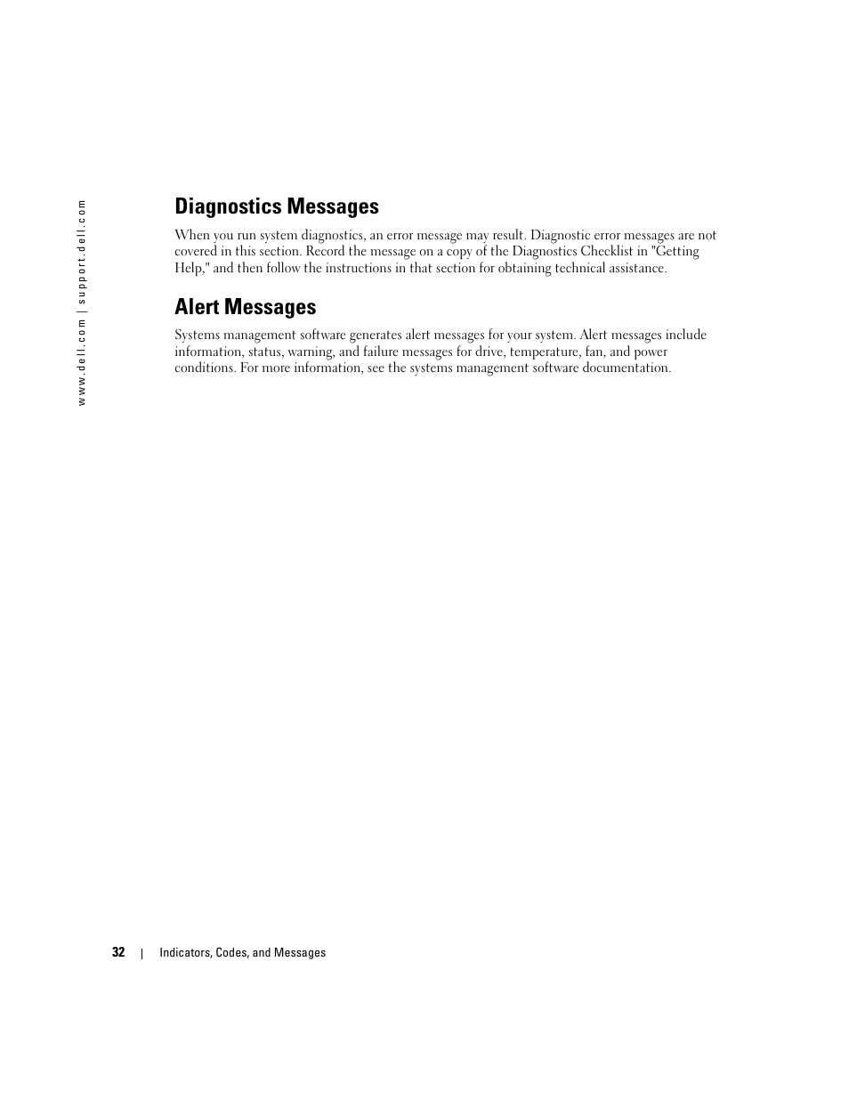 Diagnostics messages, Alert messages | Dell PowerEdge 1800 User Manual | Page 32 / 160