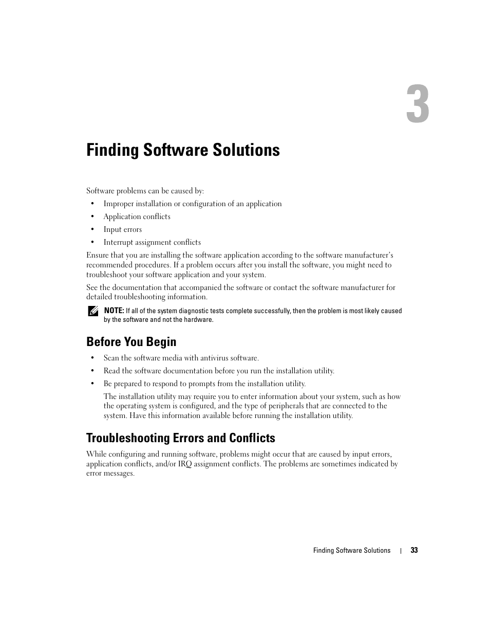 Finding software solutions, Before you begin, Troubleshooting errors and conflicts | 3 finding software solutions, Information, see "finding software solutions" an | Dell PowerEdge 1800 User Manual | Page 33 / 160