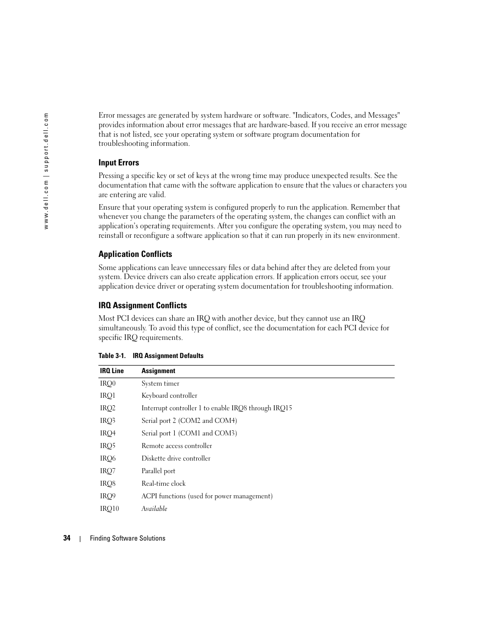 Input errors, Application conflicts, Irq assignment conflicts | Dell PowerEdge 1800 User Manual | Page 34 / 160