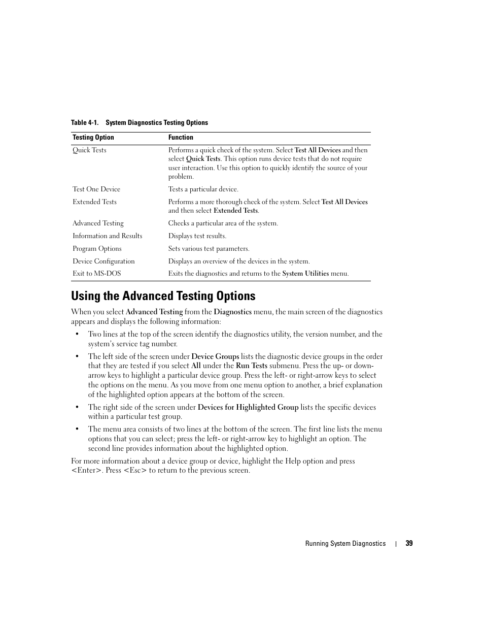 Using the advanced testing options | Dell PowerEdge 1800 User Manual | Page 39 / 160