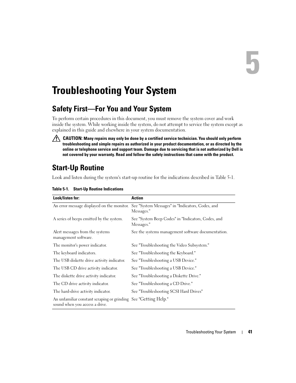 Troubleshooting your system, Safety first-for you and your system, Start-up routine | 5 troubleshooting your system, Safety first—for you and your system | Dell PowerEdge 1800 User Manual | Page 41 / 160