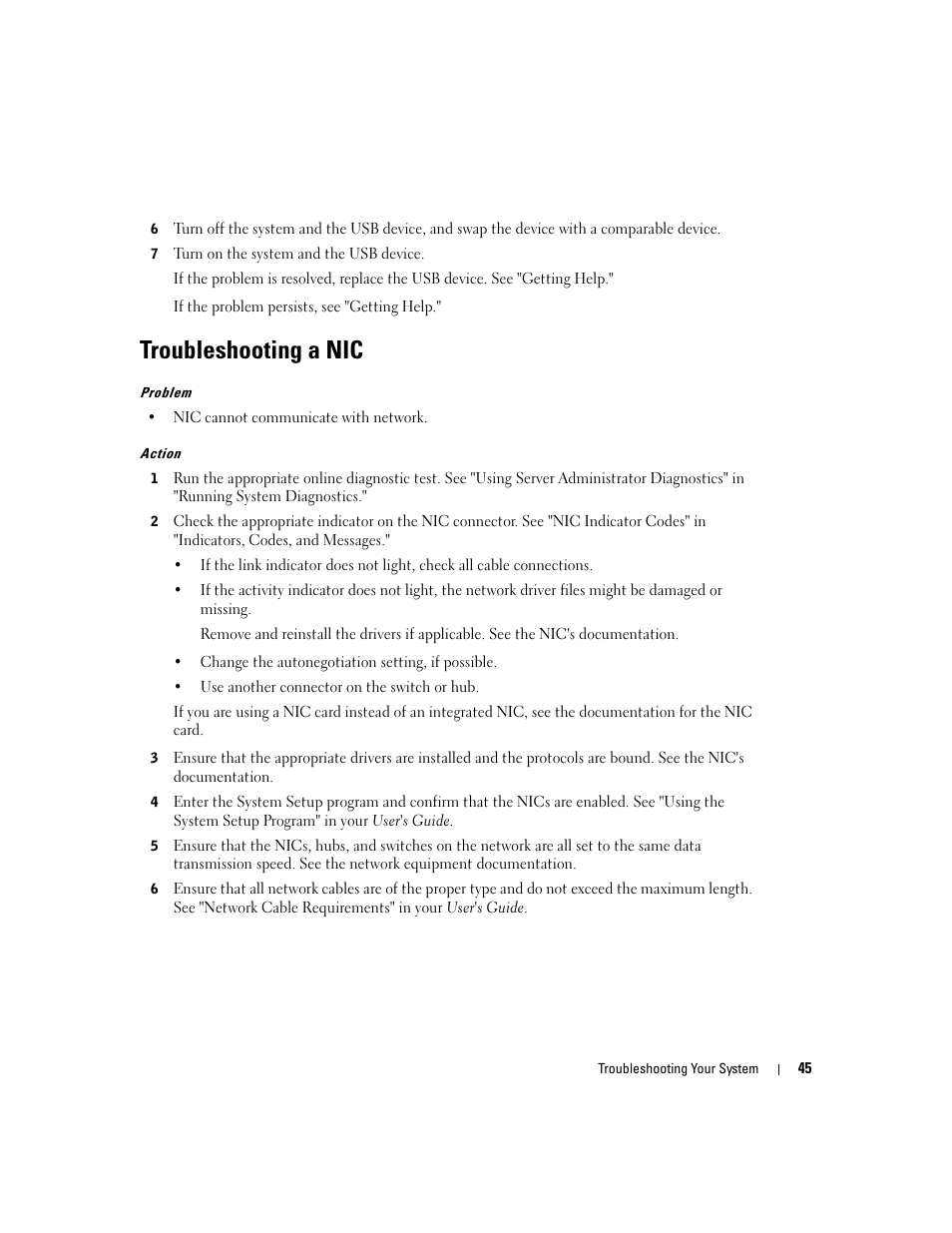Troubleshooting a nic, See "troubleshooting a nic" in | Dell PowerEdge 1800 User Manual | Page 45 / 160