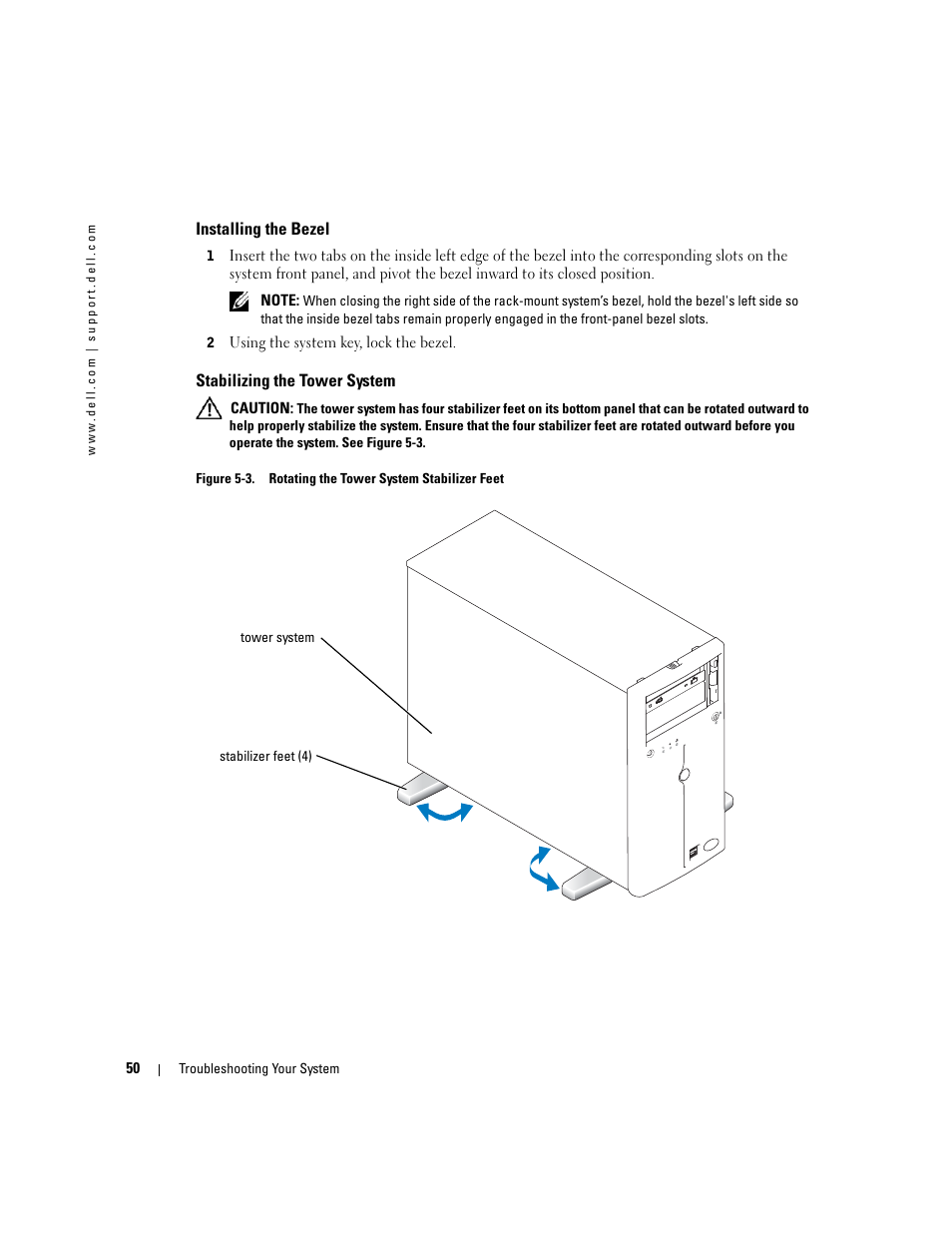 Installing the bezel, Stabilizing the tower system | Dell PowerEdge 1800 User Manual | Page 50 / 160