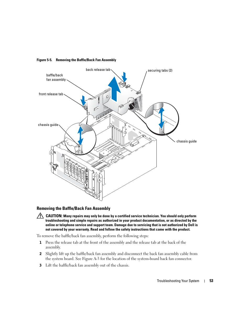 Removing the baffle/back fan assembly | Dell PowerEdge 1800 User Manual | Page 53 / 160