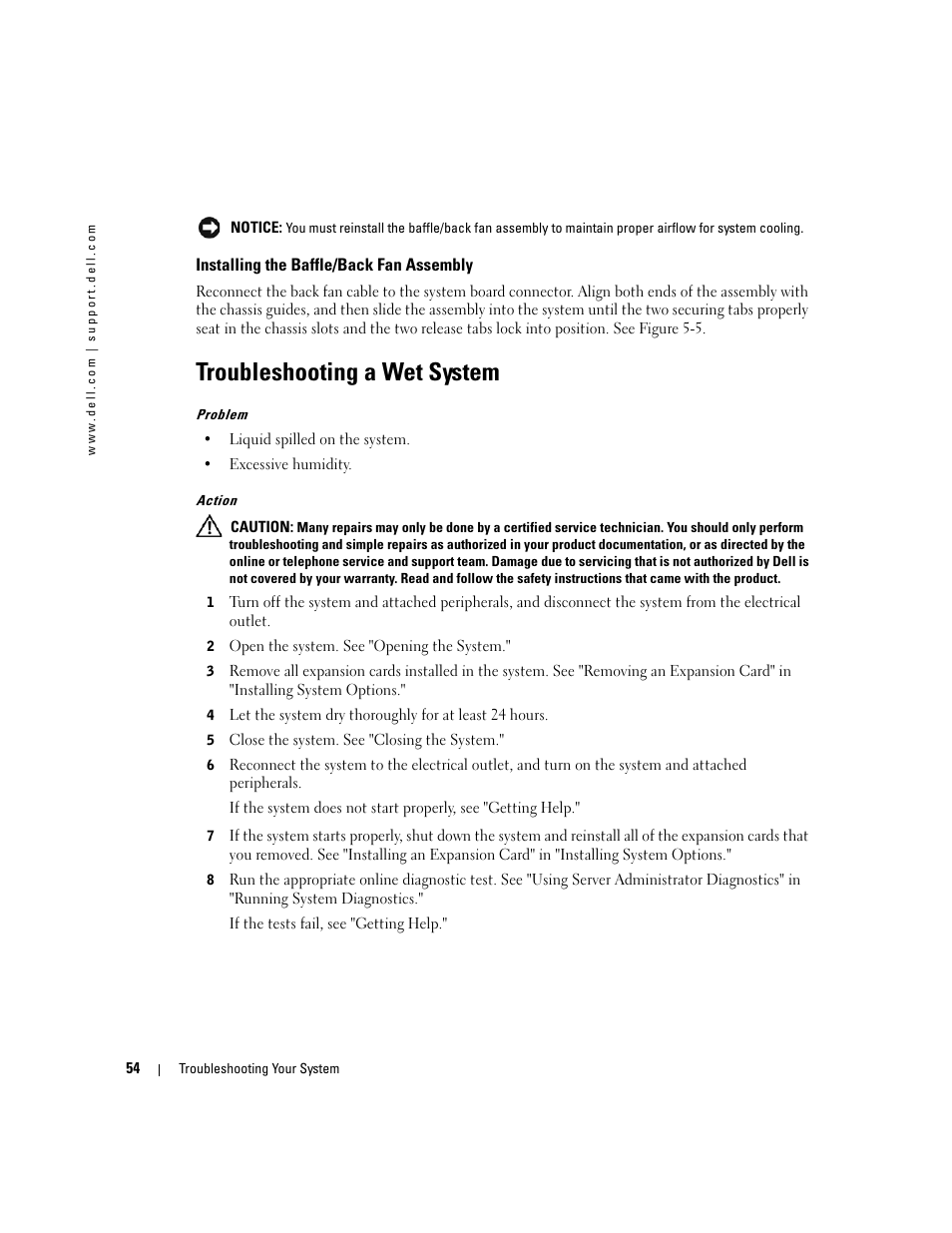 Installing the baffle/back fan assembly, Troubleshooting a wet system | Dell PowerEdge 1800 User Manual | Page 54 / 160