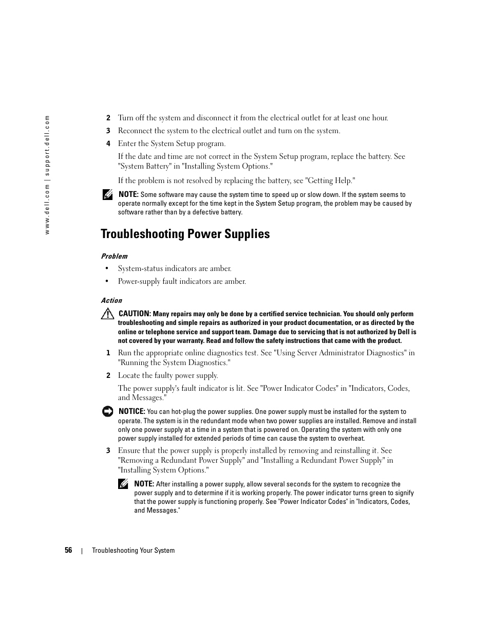 Troubleshooting power supplies | Dell PowerEdge 1800 User Manual | Page 56 / 160