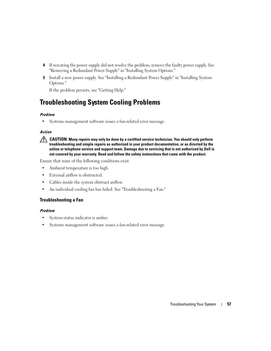 Troubleshooting system cooling problems, Troubleshooting a fan | Dell PowerEdge 1800 User Manual | Page 57 / 160