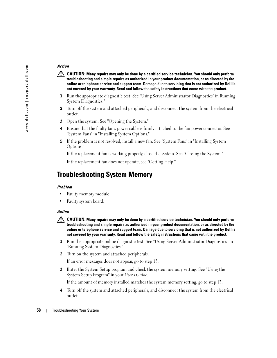 Troubleshooting system memory, See "troubleshooting system memory, See "troubleshooting system memory" in | Dell PowerEdge 1800 User Manual | Page 58 / 160