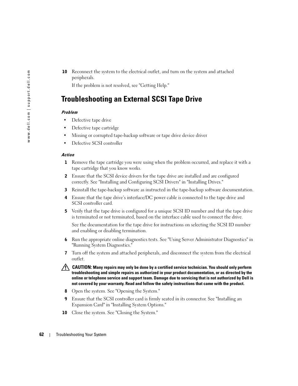 Troubleshooting an external scsi tape drive | Dell PowerEdge 1800 User Manual | Page 62 / 160