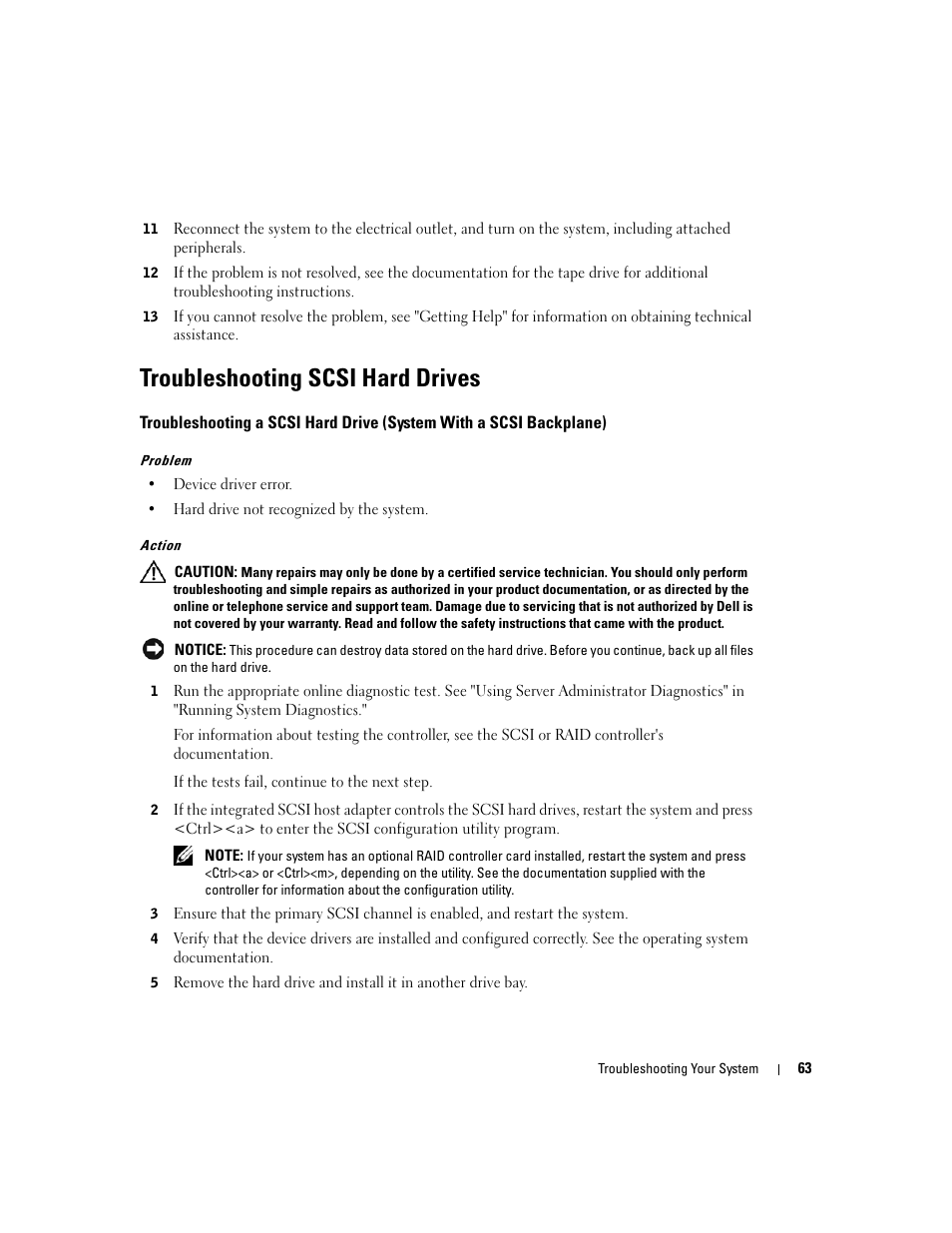 Troubleshooting scsi hard drives, Troubleshooting scsi hard drives" and, Ee "troubleshooting scsi hard drives | Dell PowerEdge 1800 User Manual | Page 63 / 160