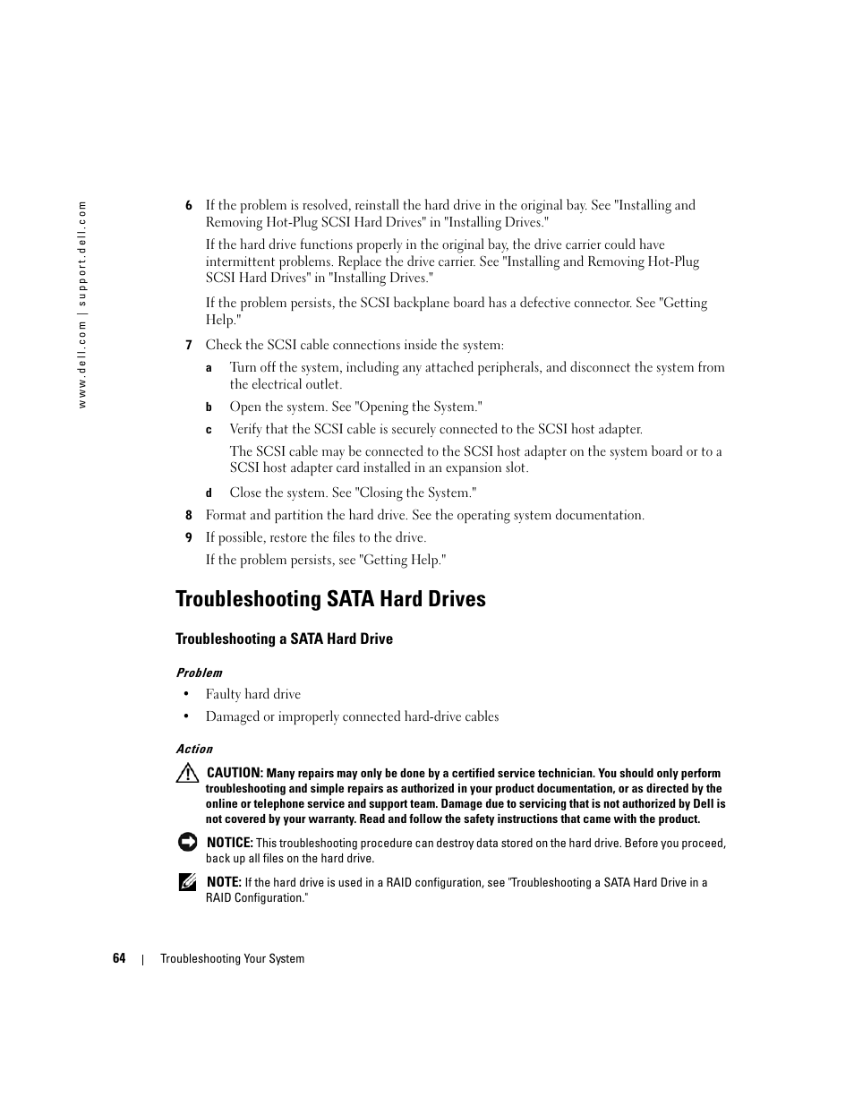 Troubleshooting sata hard drives, Troubleshooting a sata hard drive, Troubleshooting sata hard drives" in | Dell PowerEdge 1800 User Manual | Page 64 / 160