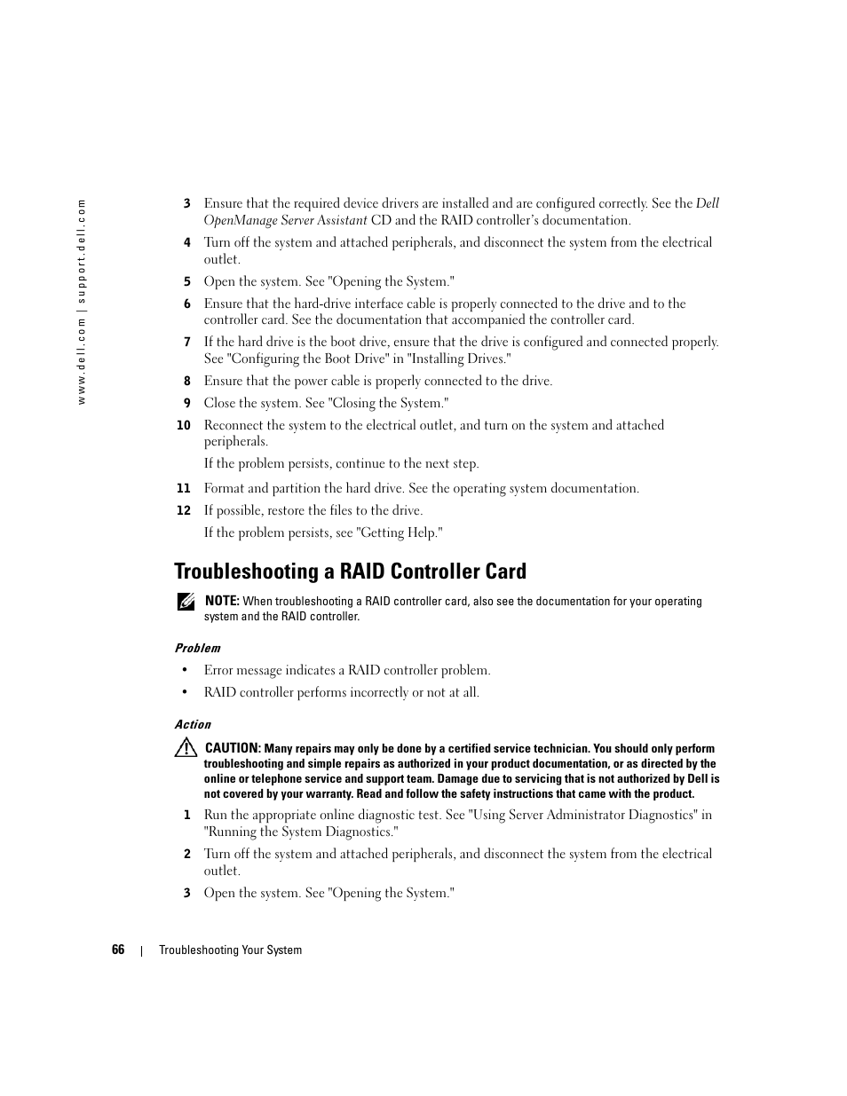 Troubleshooting a raid controller card | Dell PowerEdge 1800 User Manual | Page 66 / 160