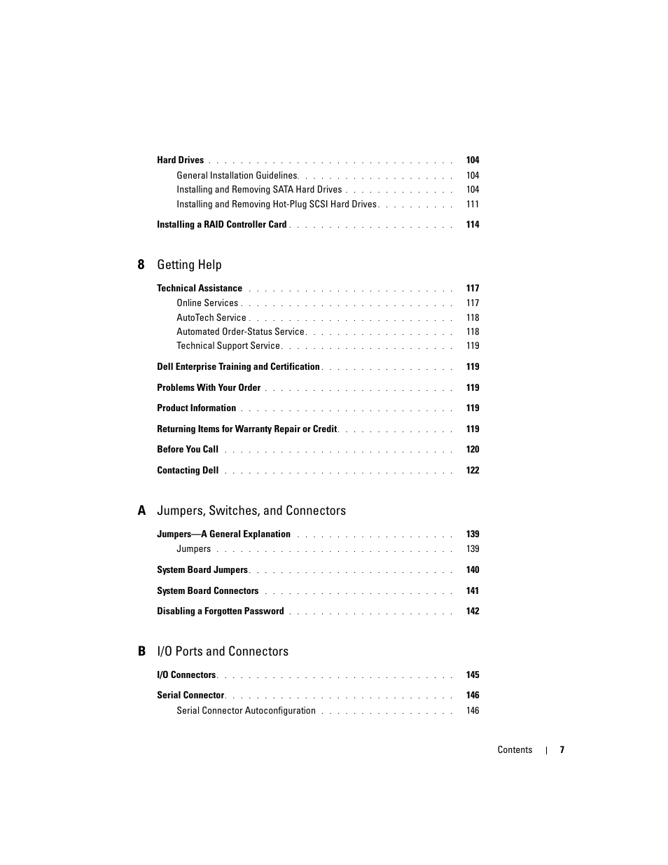 8 getting help, A jumpers, switches, and connectors, B i/o ports and connectors | Dell PowerEdge 1800 User Manual | Page 7 / 160