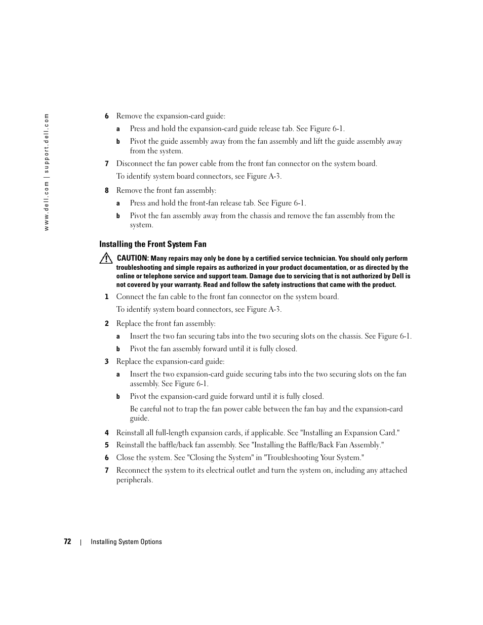 Installing the front system fan | Dell PowerEdge 1800 User Manual | Page 72 / 160